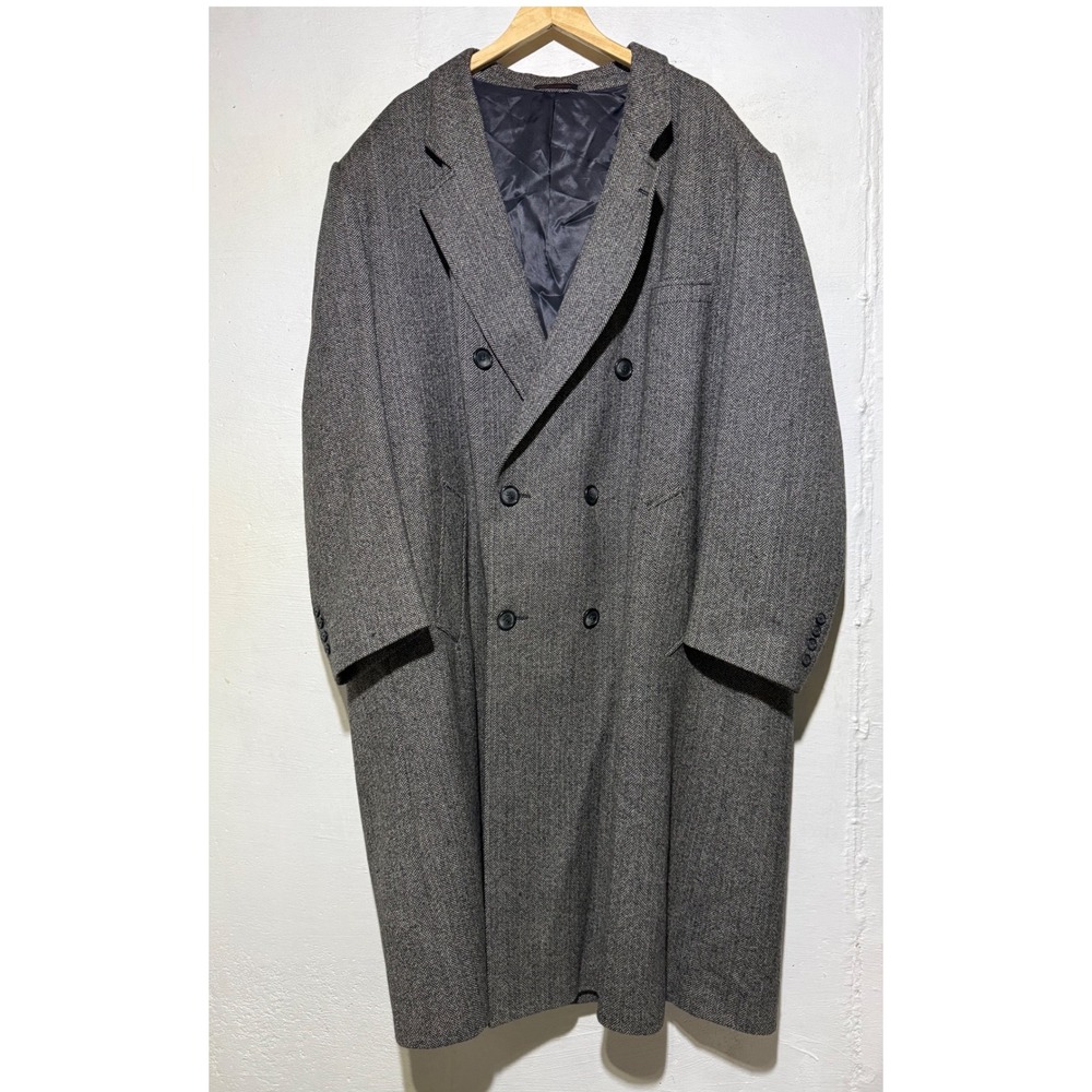 Vintage M. Hyman and Son Mens Apollo Herringbone Overcoat 56L Gray Virgin Wool
